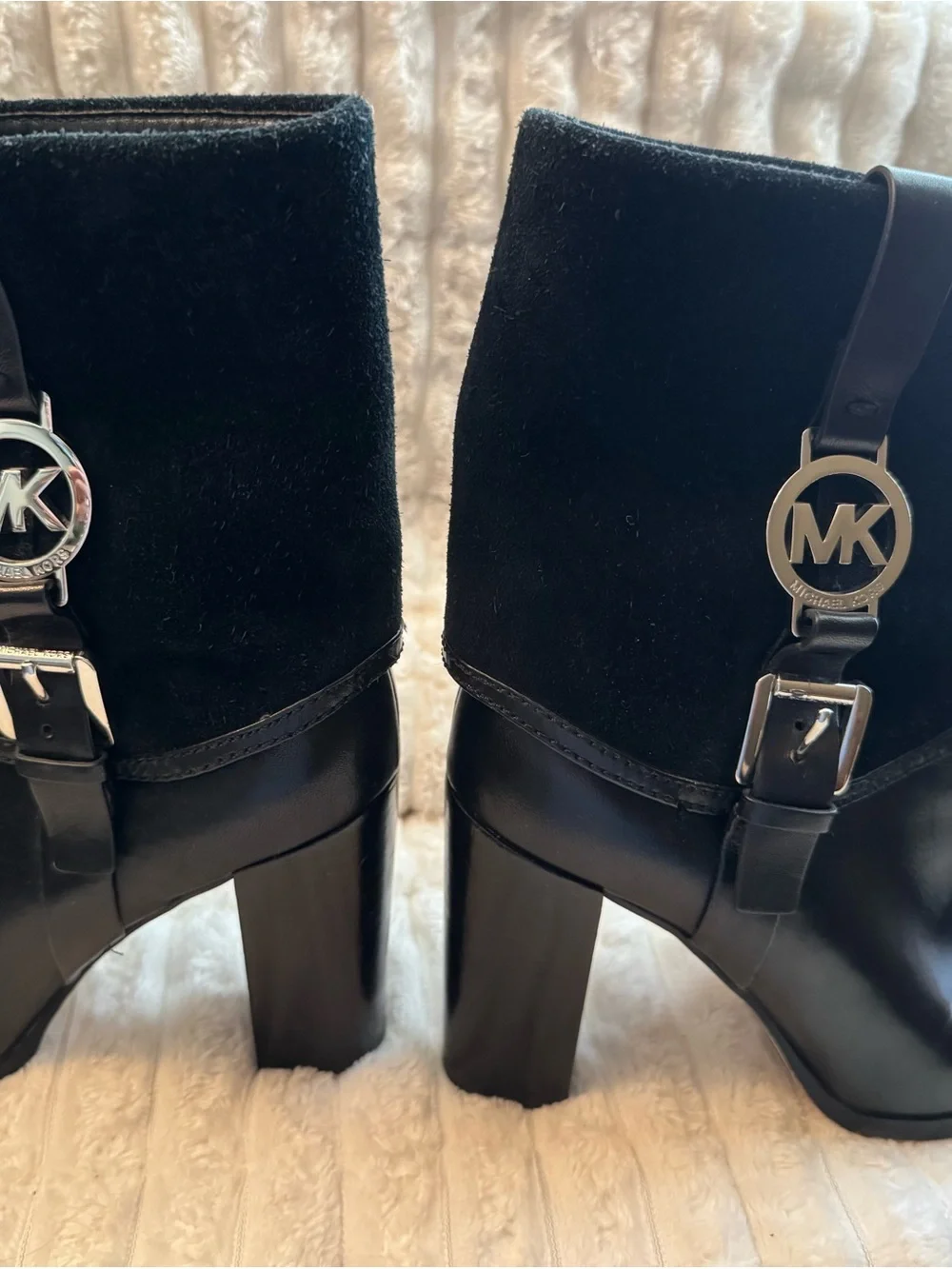 Michael Kors Black Leather Fold-Over Ankle Boots with Buckle